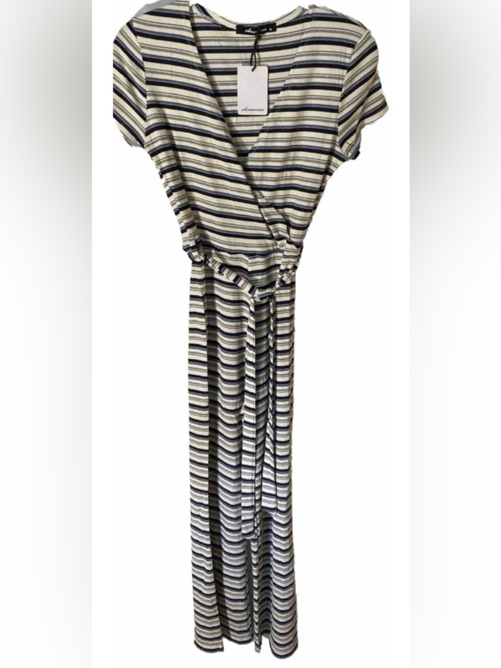 Olivaceous NWT Striped Knit Jumpsuit crossover wrap style front straight leg S